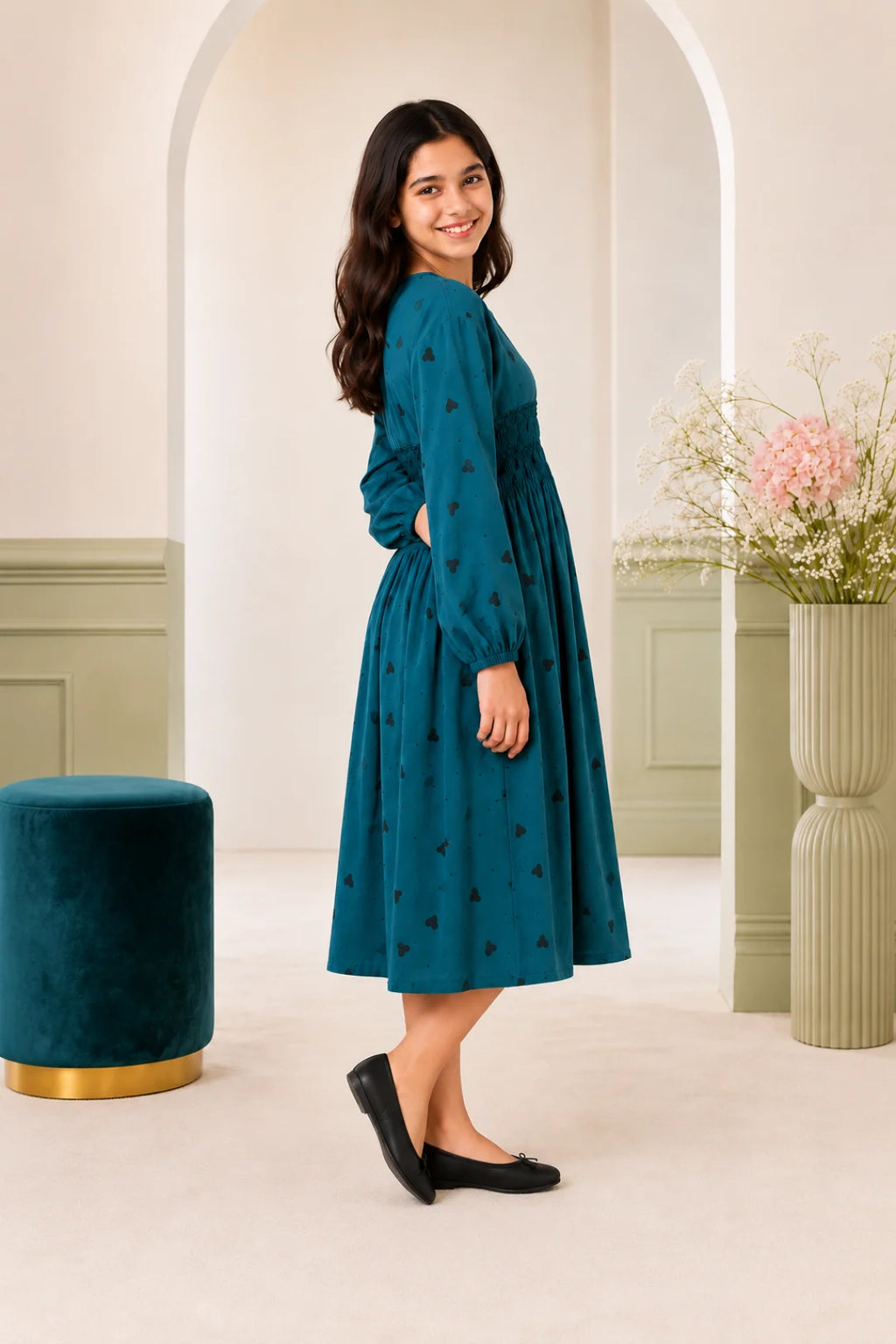 Teal Blue Heart Print Smocked Winter Frock (SFW-004)
