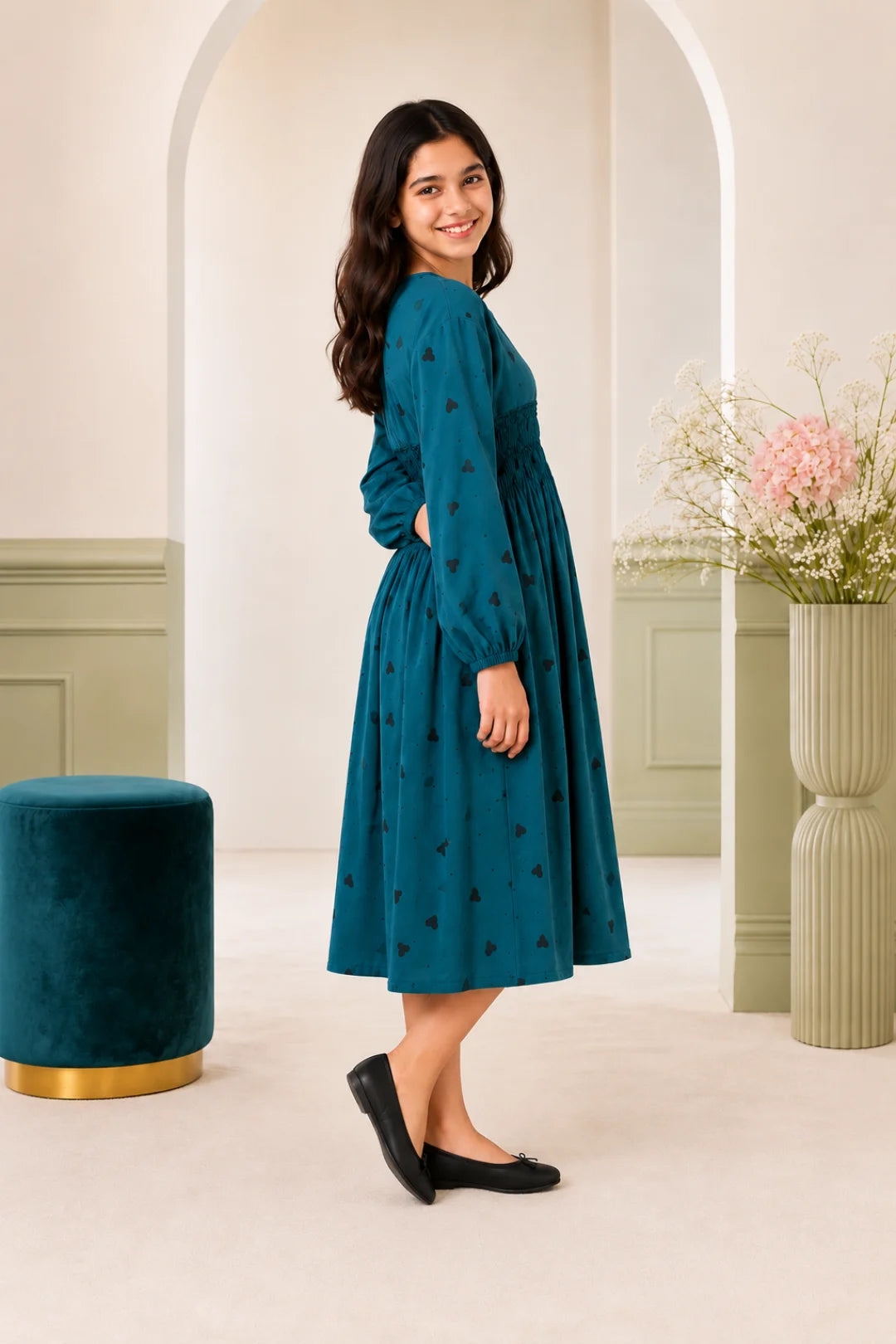 Teal Blue Heart Print Smocked Winter Frock (SFW-004)