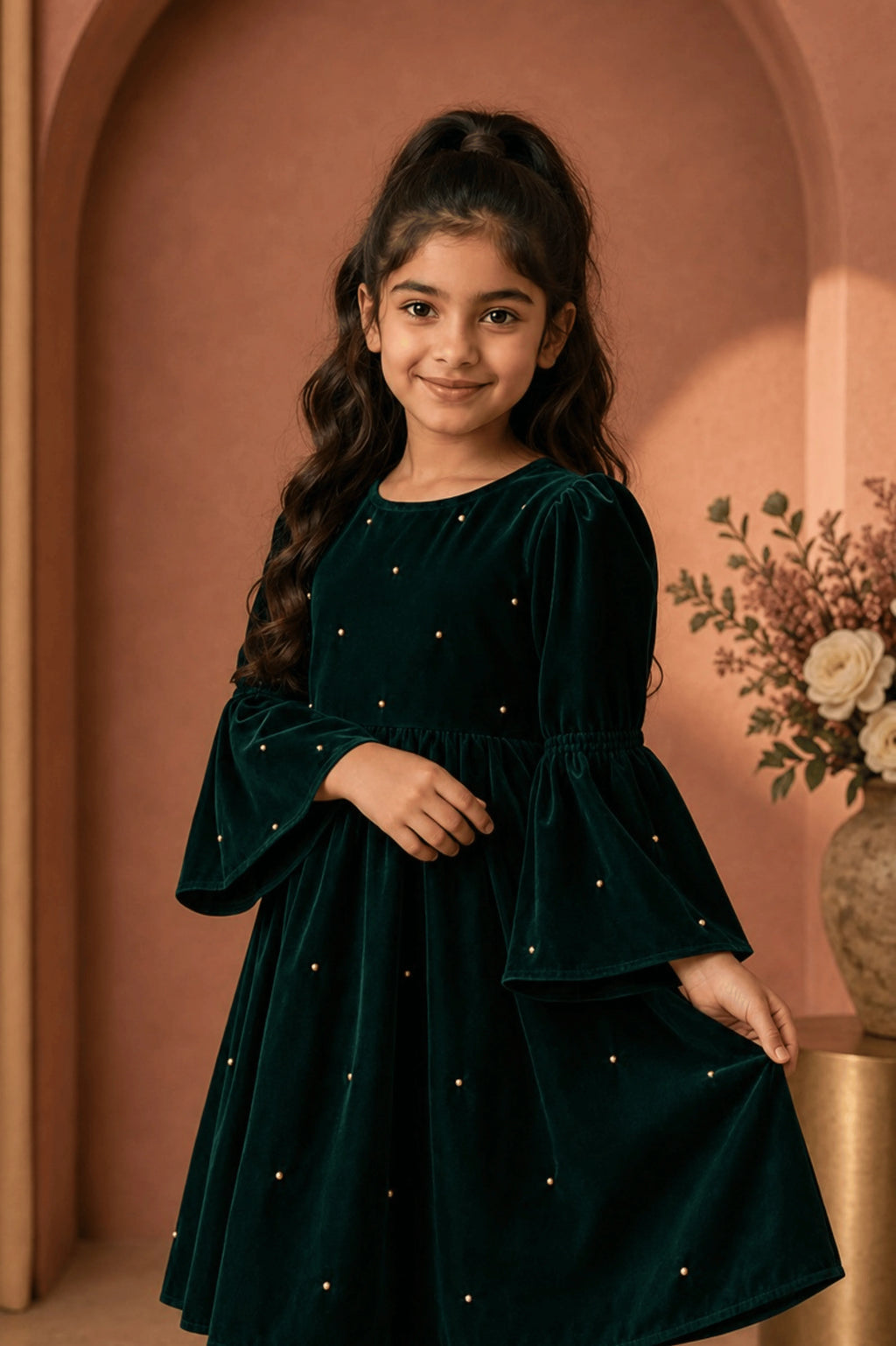 Dark Green Velvet CS Casual Frock for Girls