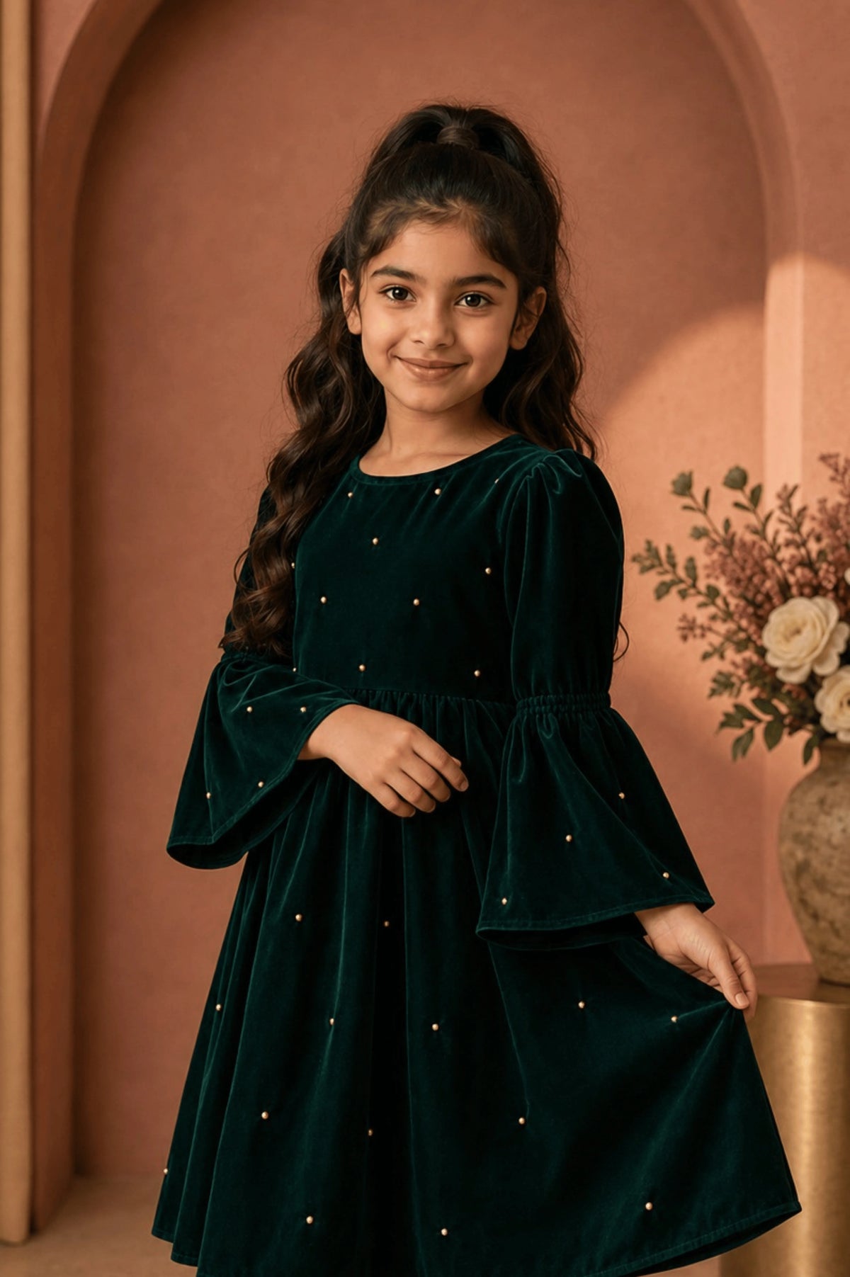Dark Green Velvet CS Casual Frock for Girls