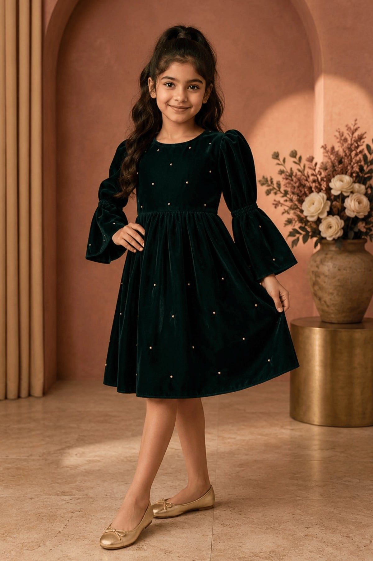 Dark Green Velvet CS Casual Frock for Girls