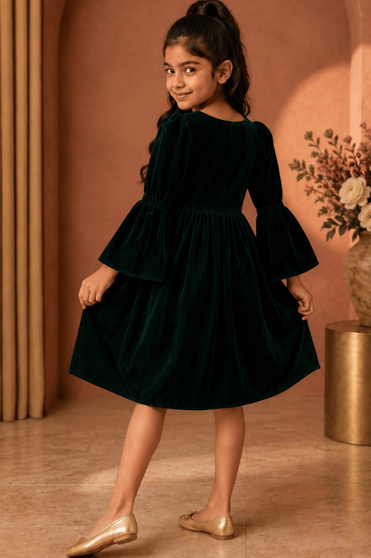 Dark Green Velvet CS Casual Frock for Girls