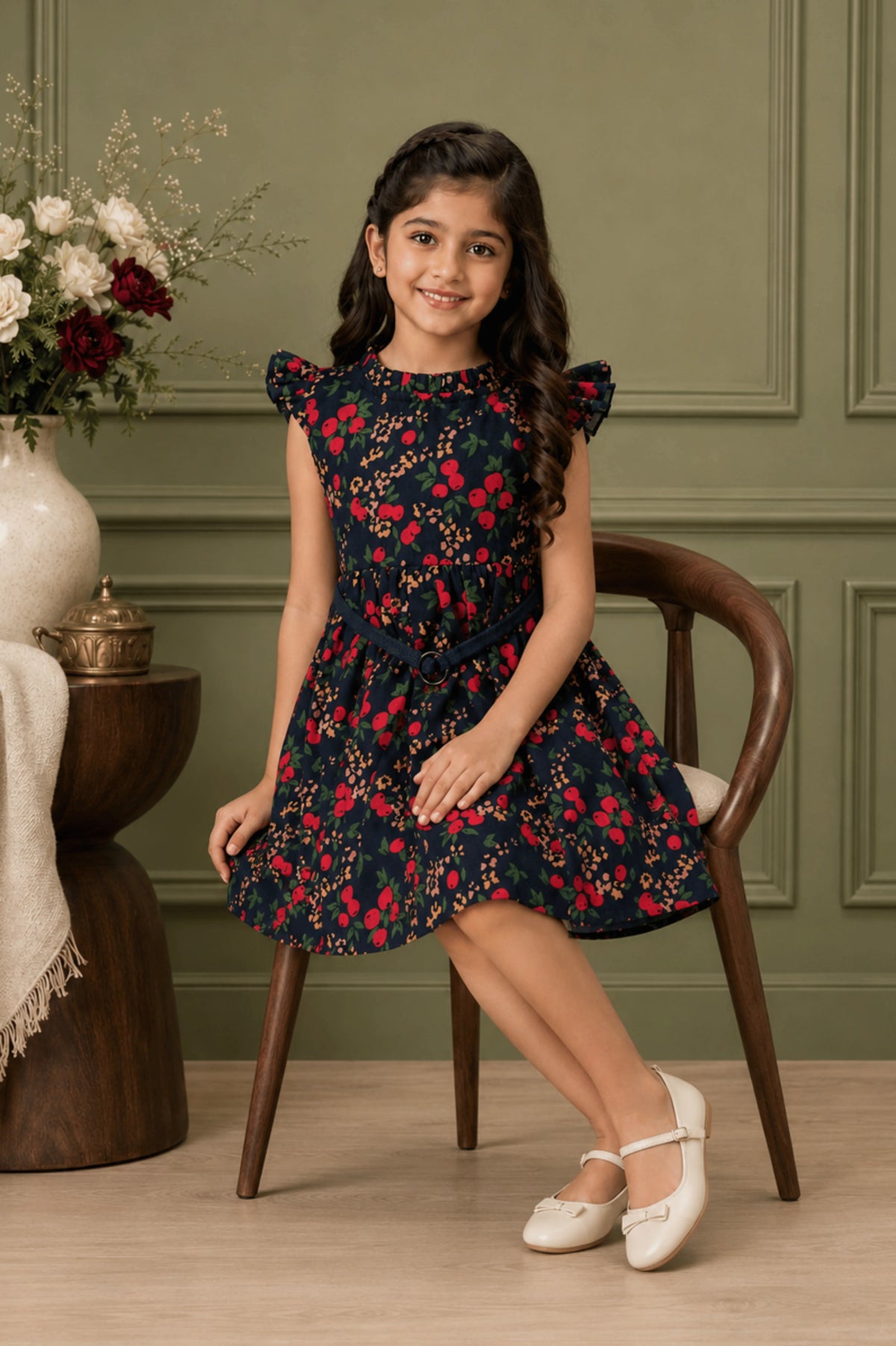 Navy Blue Floral Smocked Frock for Girls (SFW 005)