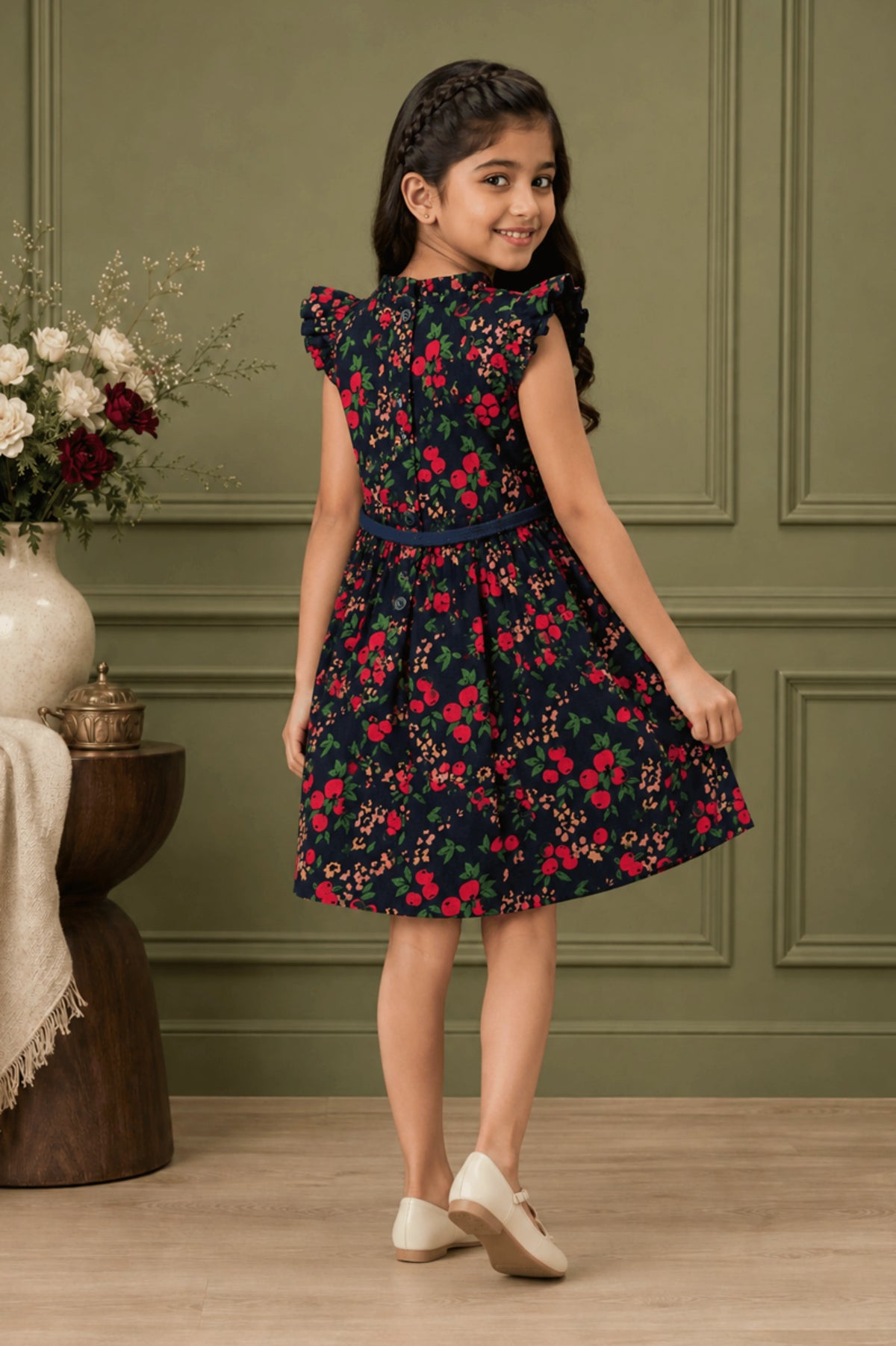 Navy Blue Floral Smocked Frock for Girls (SFW 005)