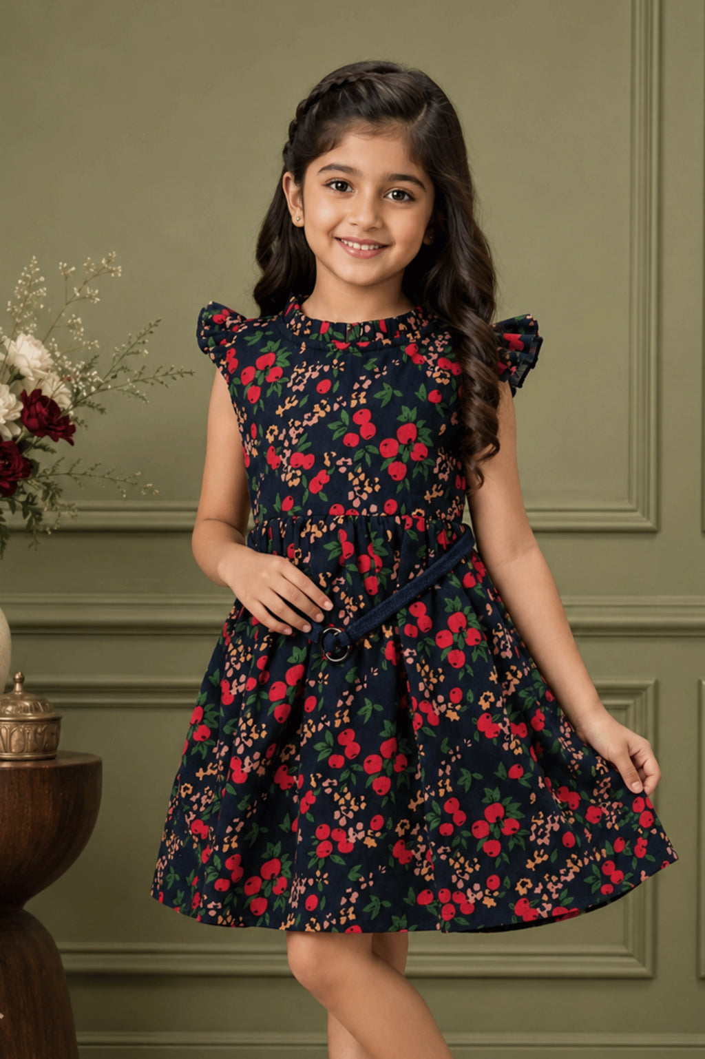 Navy Blue Floral Smocked Frock for Girls (SFW 005)