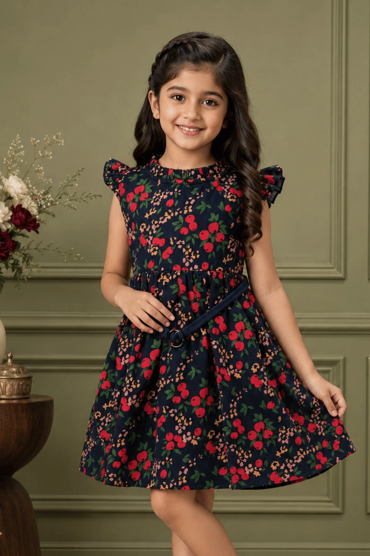 Navy Blue Floral Smocked Frock for Girls (SFW 005)