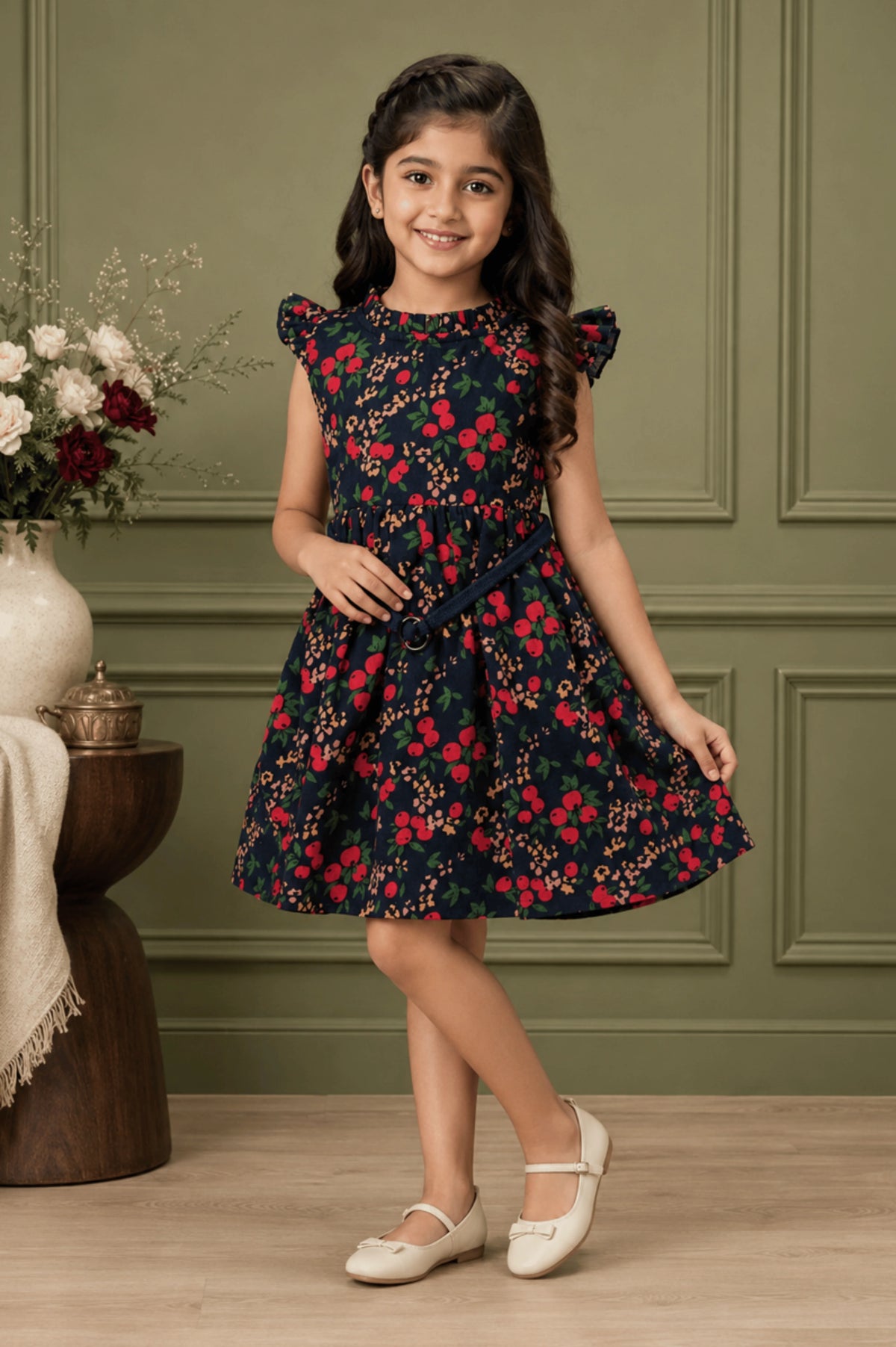 Navy Blue Floral Smocked Frock for Girls (SFW 005)