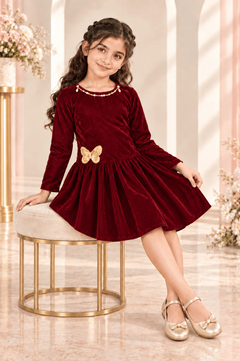 Maroon Velvet CS Casual Frock for Girls