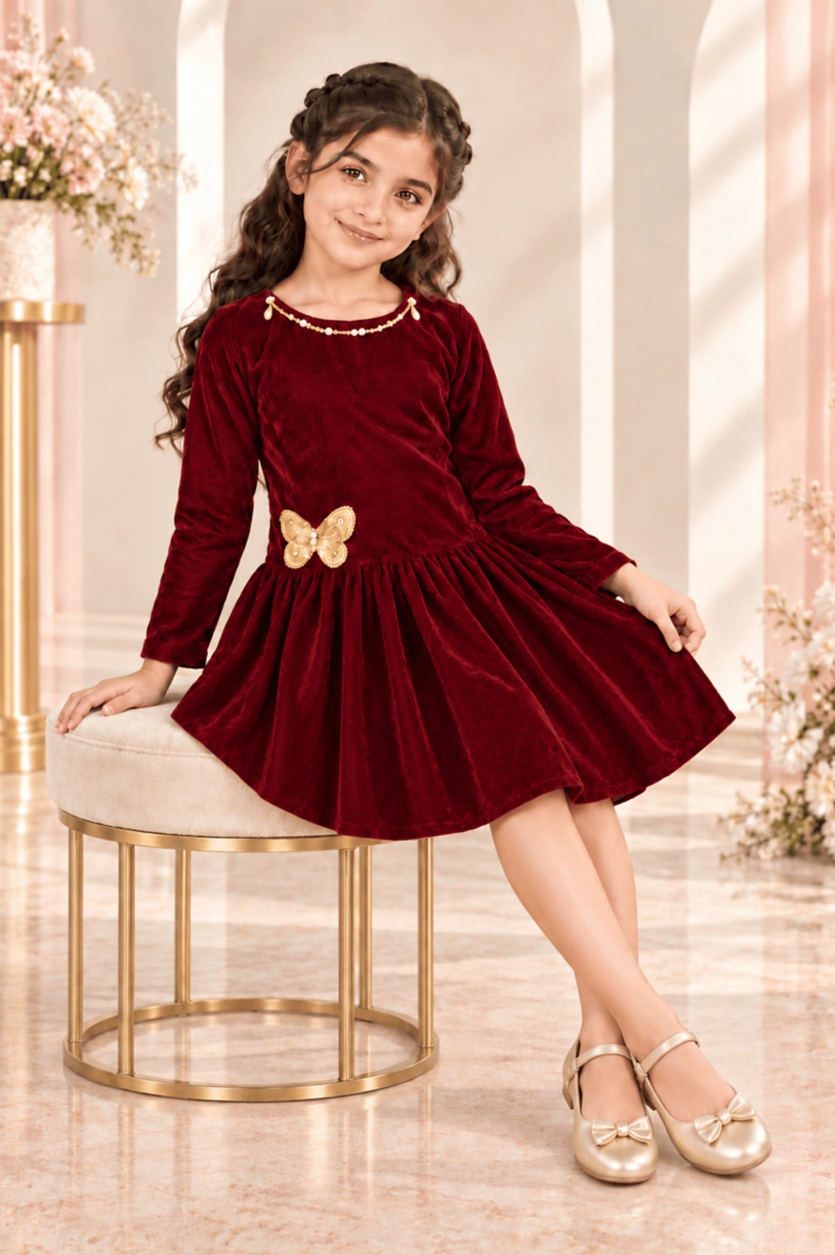 Maroon Velvet CS Casual Frock for Girls