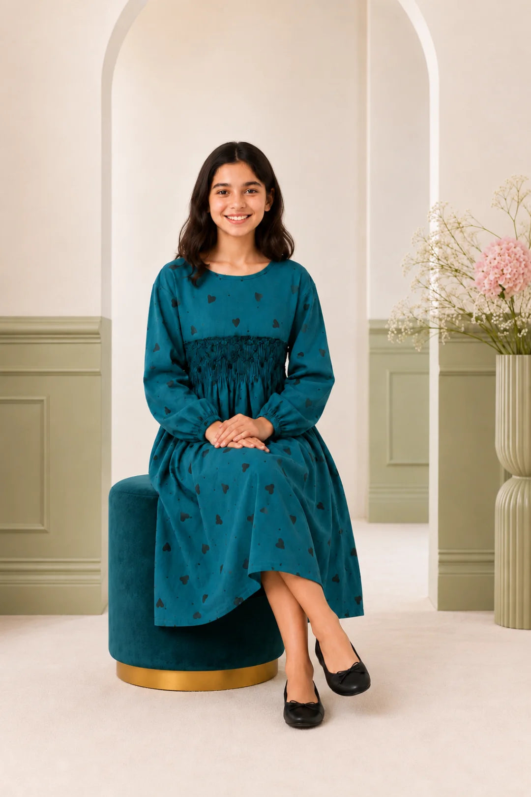 Teal Blue Heart Print Smocked Winter Frock (SFW-004)