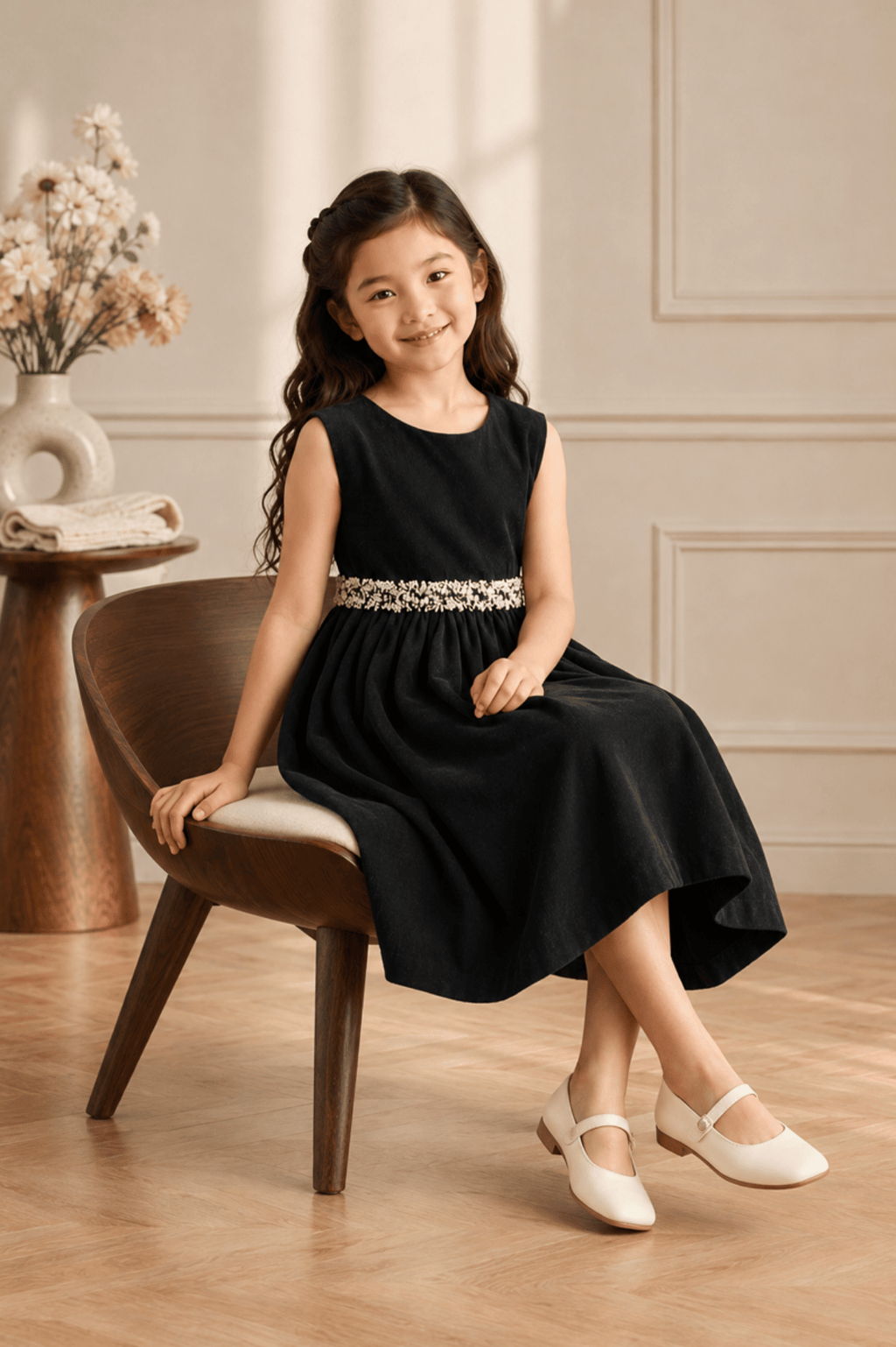 Girls Black Embellished Waist Fit & Flare Party Dress | SFW-007