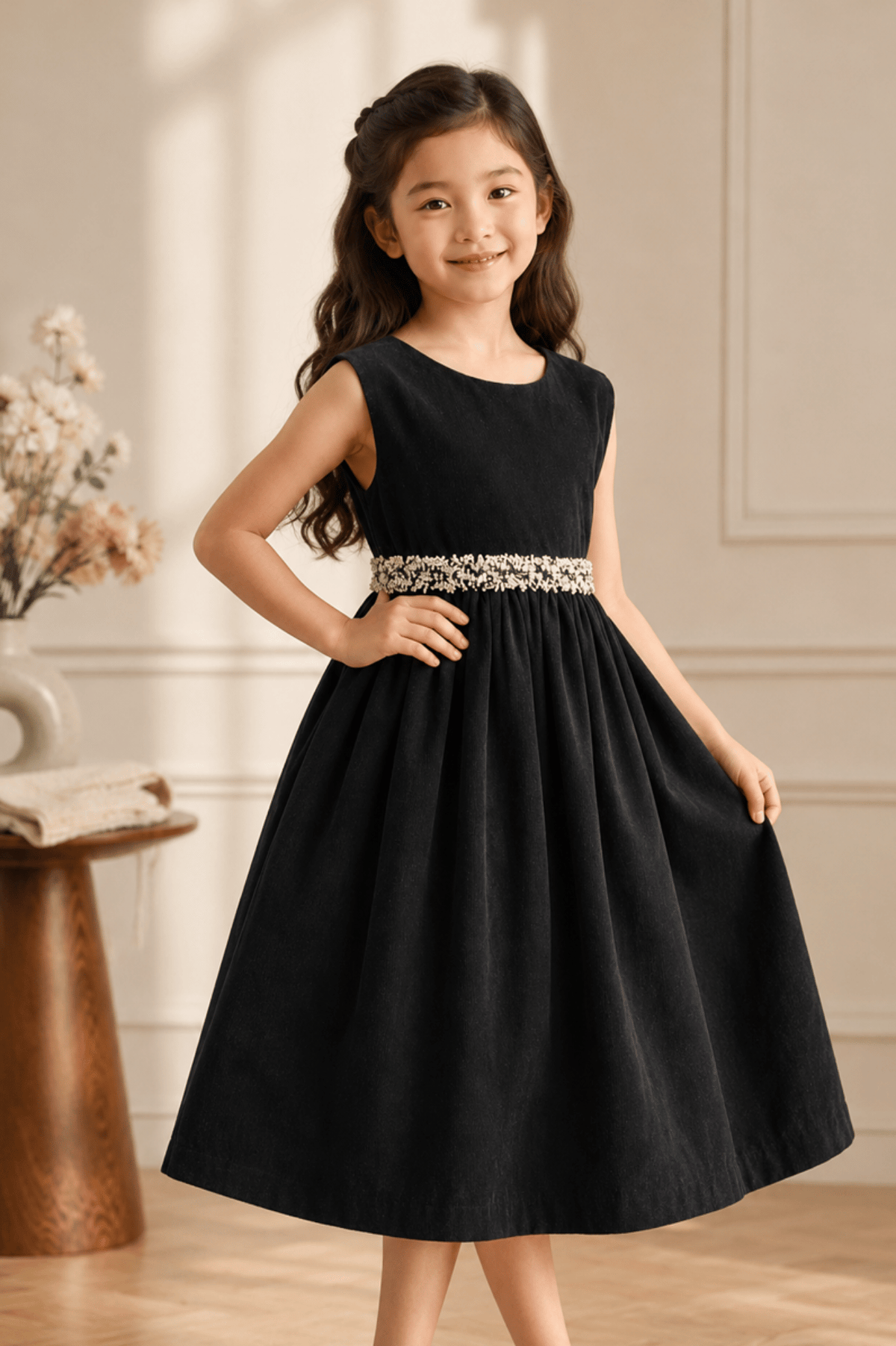 Girls Black Embellished Waist Fit & Flare Party Dress | SFW-007