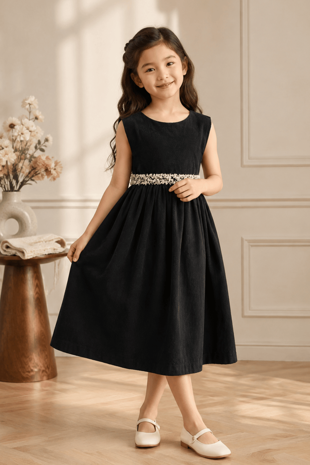 Girls Black Embellished Waist Fit & Flare Party Dress | SFW-007