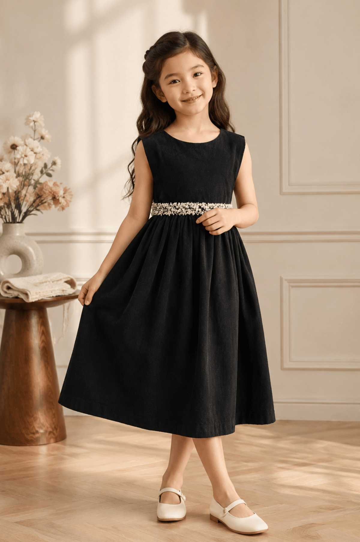 Girls Black Embellished Waist Fit & Flare Party Dress | SFW-007