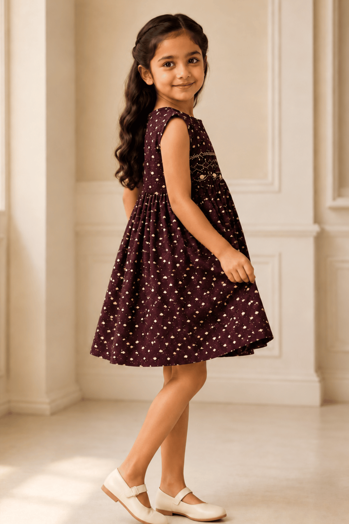 Girls Maroon Polka Dot Fit & Flare Party Dress
