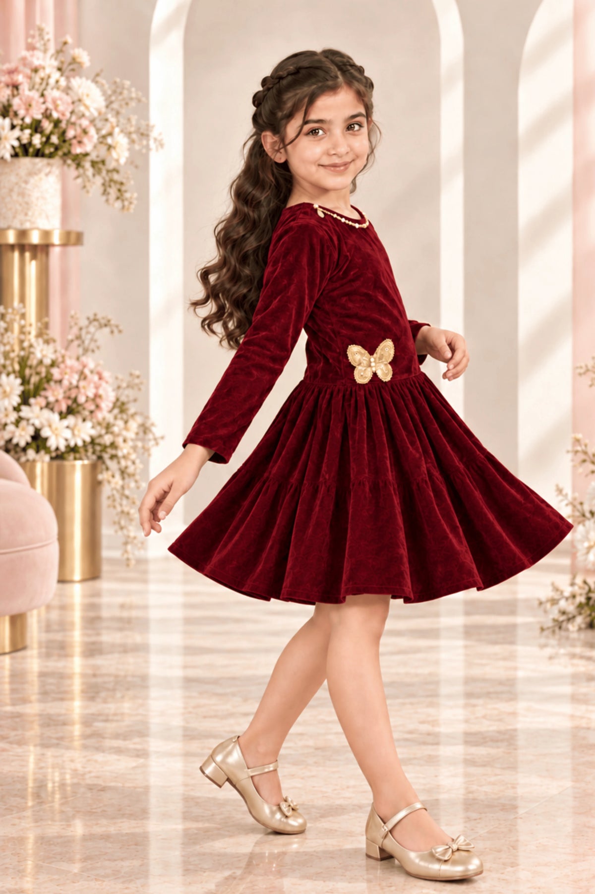 Maroon Velvet CS Casual Frock for Girls