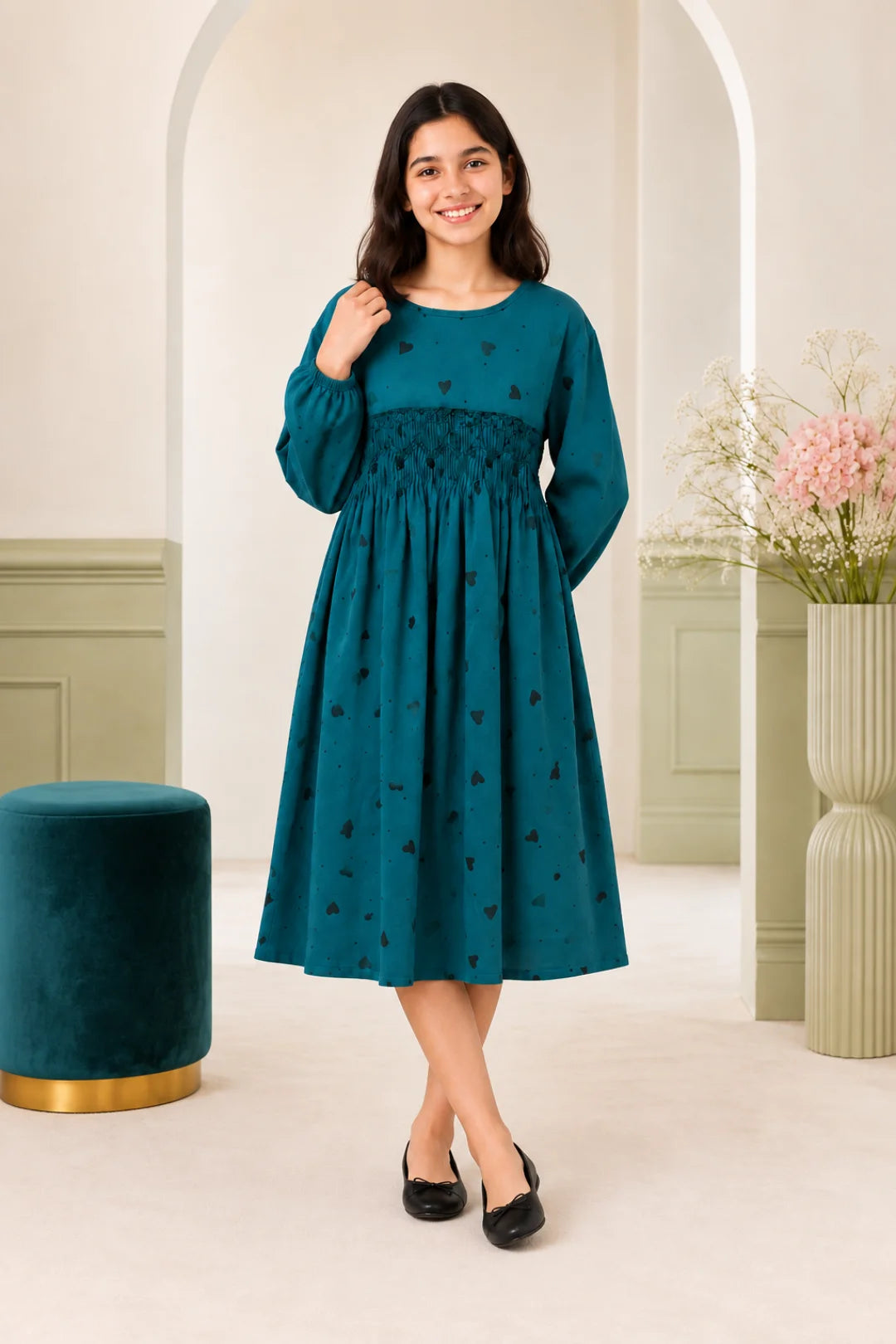 Teal Blue Heart Print Smocked Winter Frock (SFW-004)