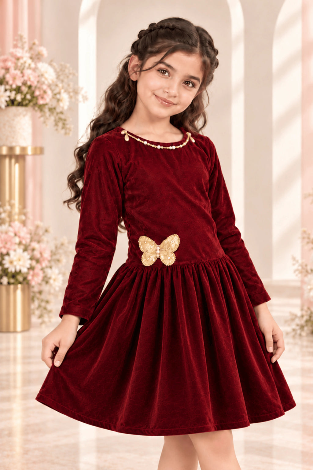 Maroon Velvet CS Casual Frock for Girls