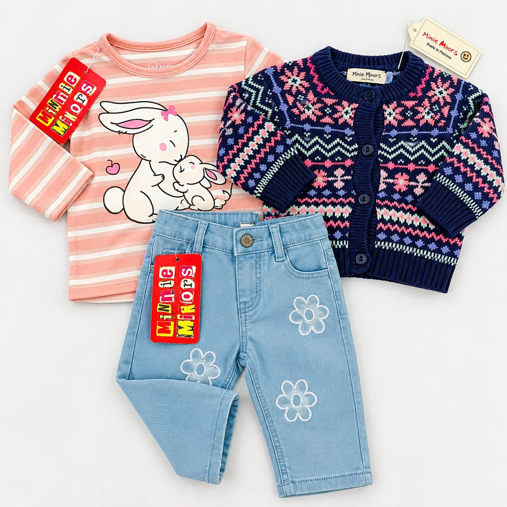 Minnie Minors Bunny Top, Cardigan & Jeans Set