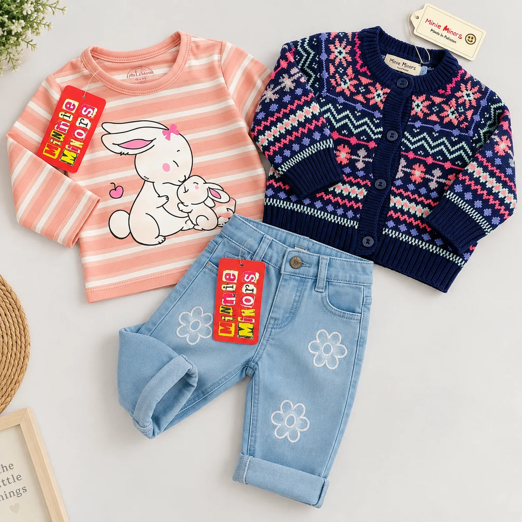 Minnie Minors Bunny Top, Cardigan & Jeans Set