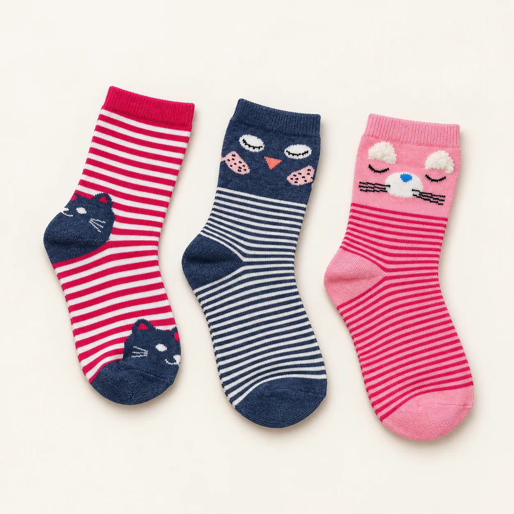 Girls Striped Character Crew Socks – Pack of 3 | 7–8 Years