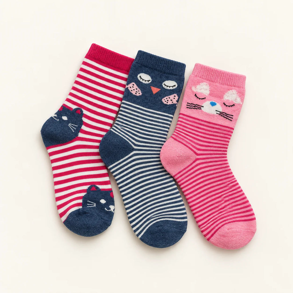 Girls Striped Character Crew Socks – Pack of 3 | 7–8 Years
