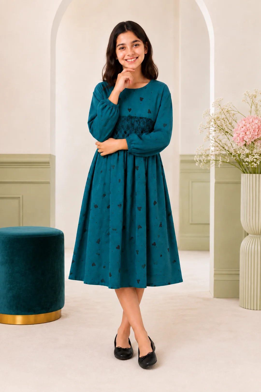 Teal Blue Heart Print Smocked Winter Frock (SFW-004)