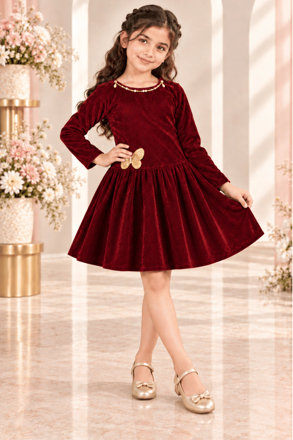 Maroon Velvet CS Casual Frock for Girls