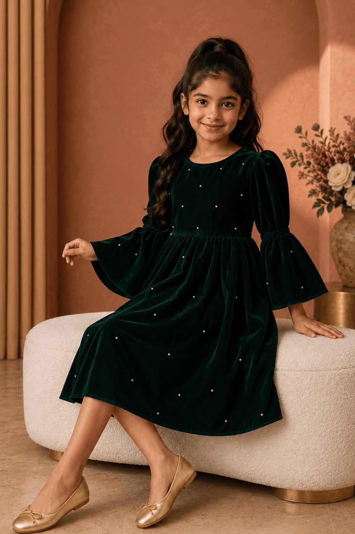 Dark Green Velvet CS Casual Frock for Girls
