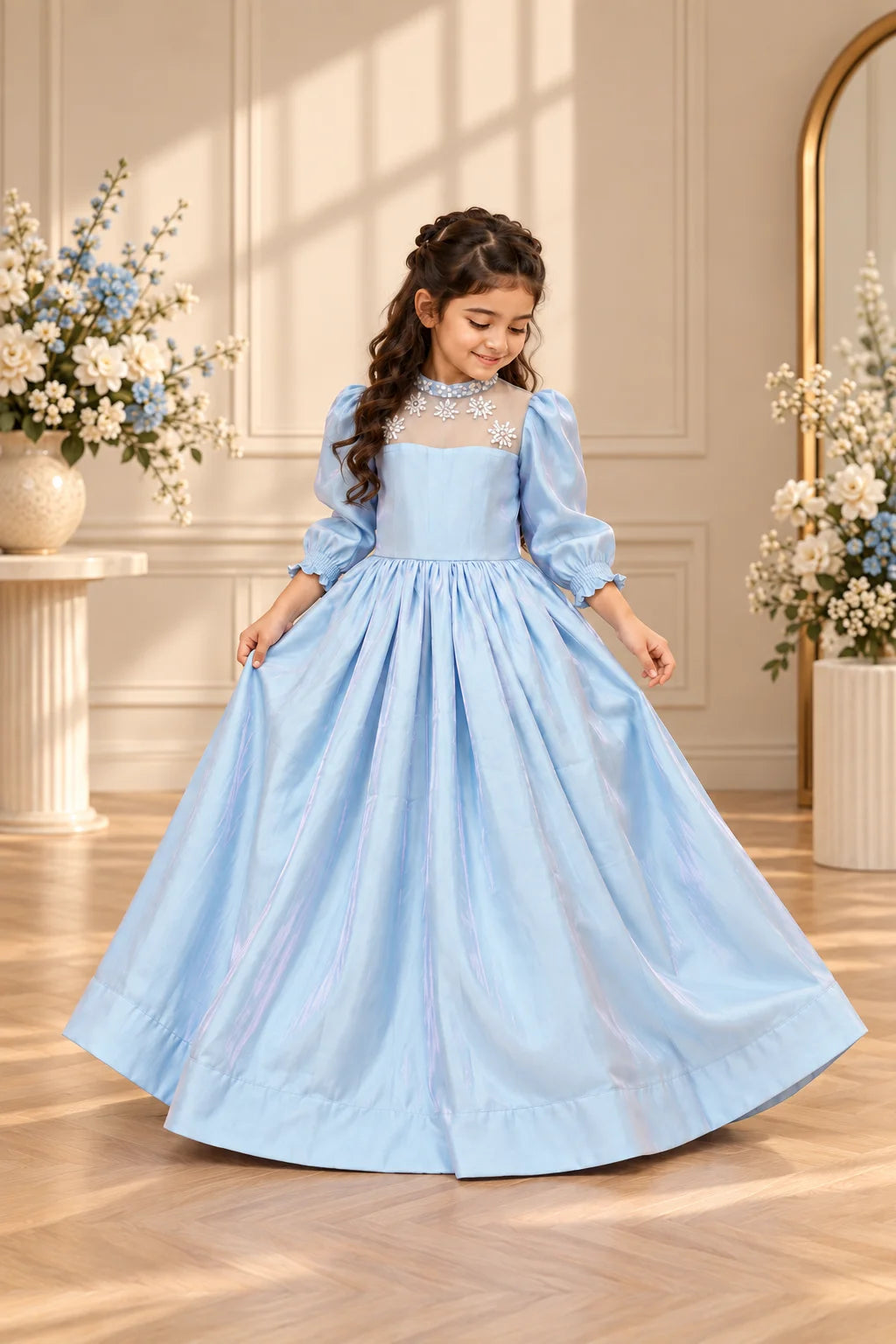 Customized Ice Blue Embellished Matching Maxi