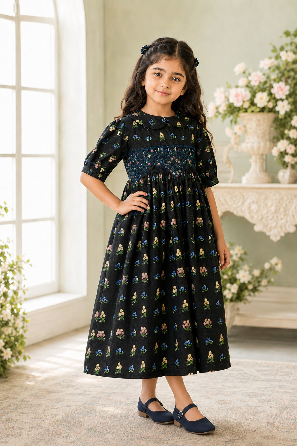 Girls Smocked Check Frock – Black | SF-005