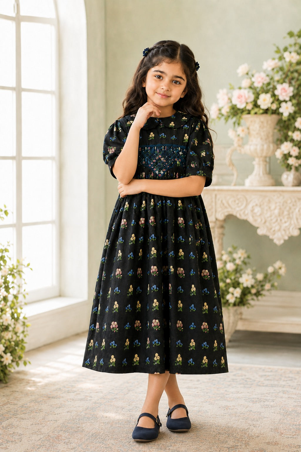 Girls Smocked Check Frock – Black | SF-005