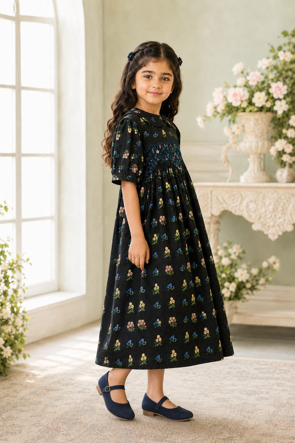 Girls Smocked Check Frock – Black | SF-005
