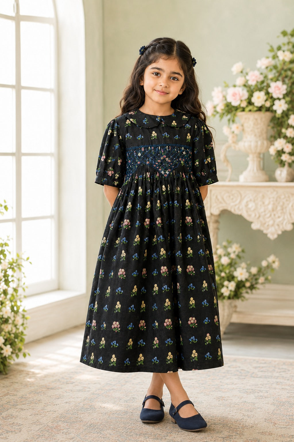 Girls Smocked Check Frock – Black | SF-005