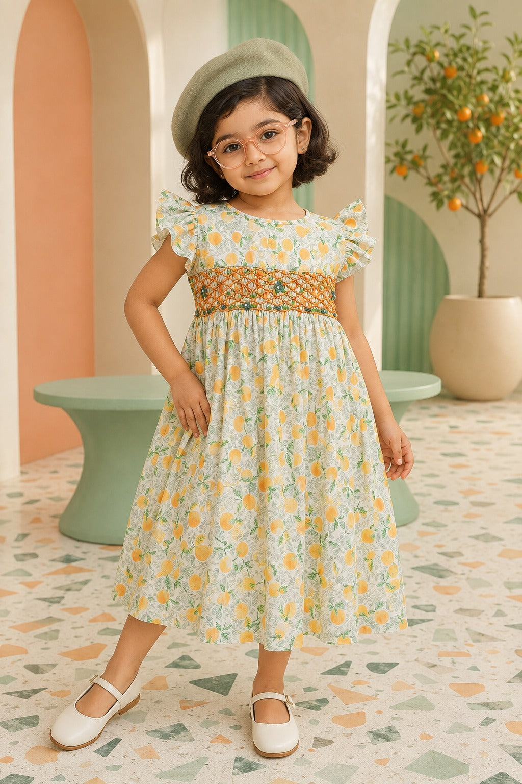 Girls Orange Print Smocked Frock | SF-003