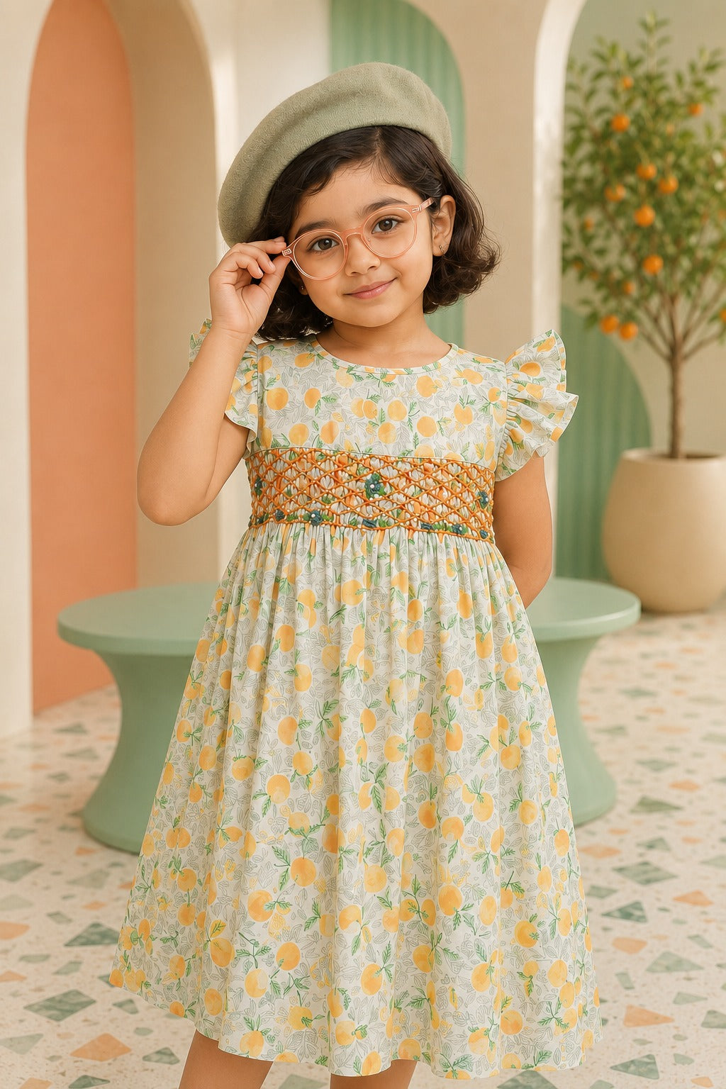 Girls Orange Print Smocked Frock | SF-003