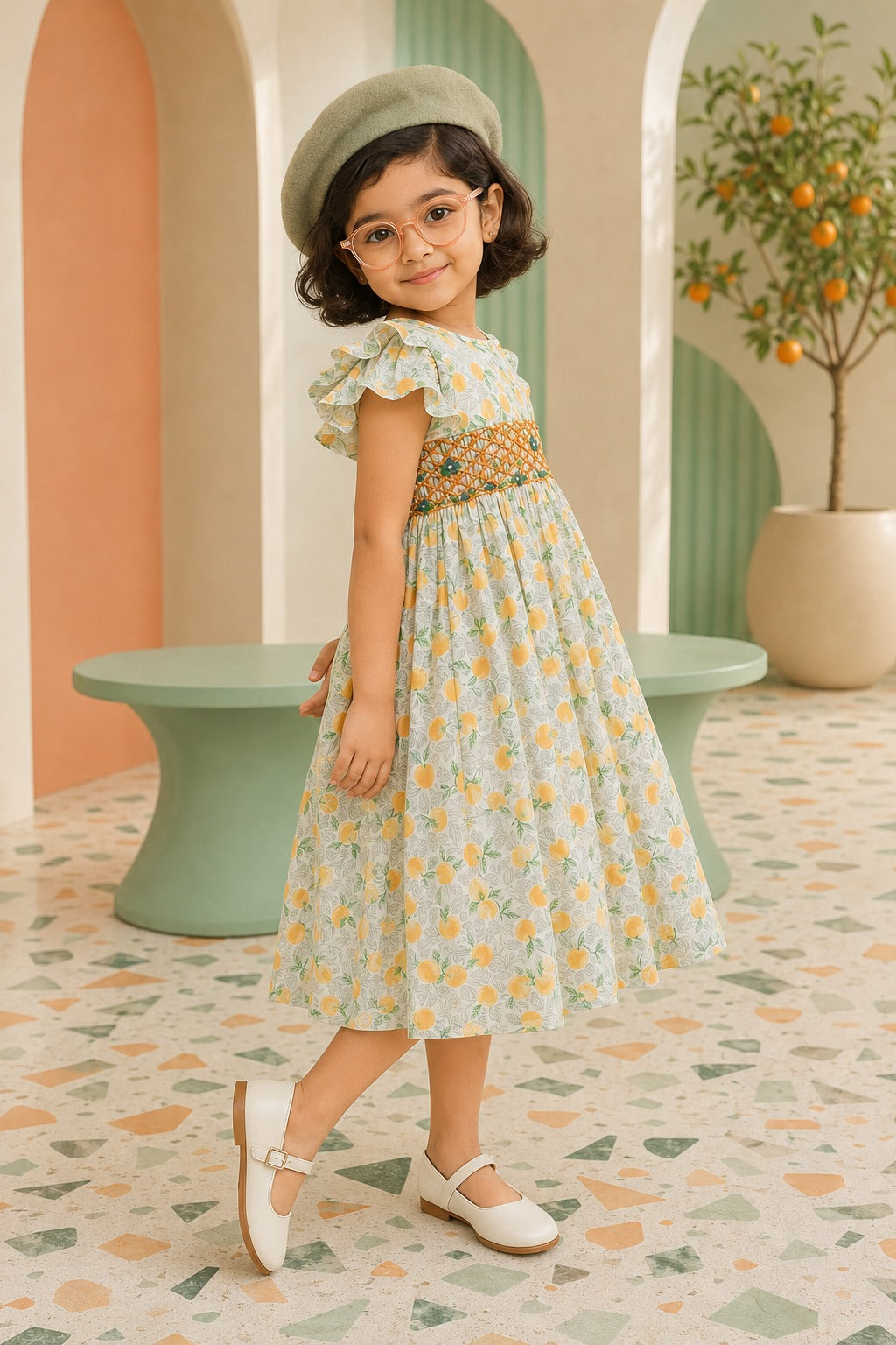 Girls Orange Print Smocked Frock | SF-003