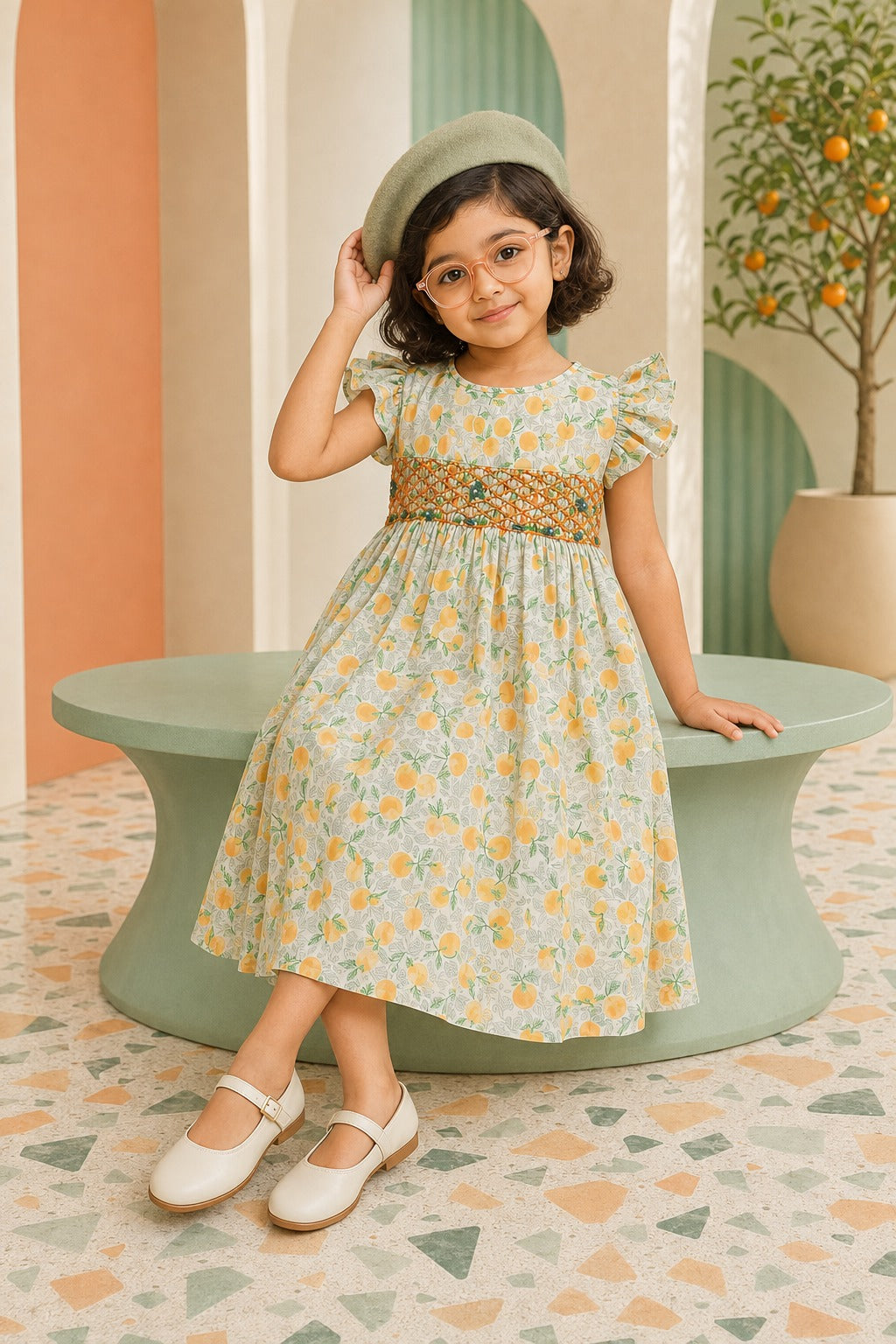 Girls Orange Print Smocked Frock | SF-003