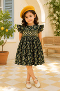 Girls Dark Green Floral Smocked Frock | SF-002