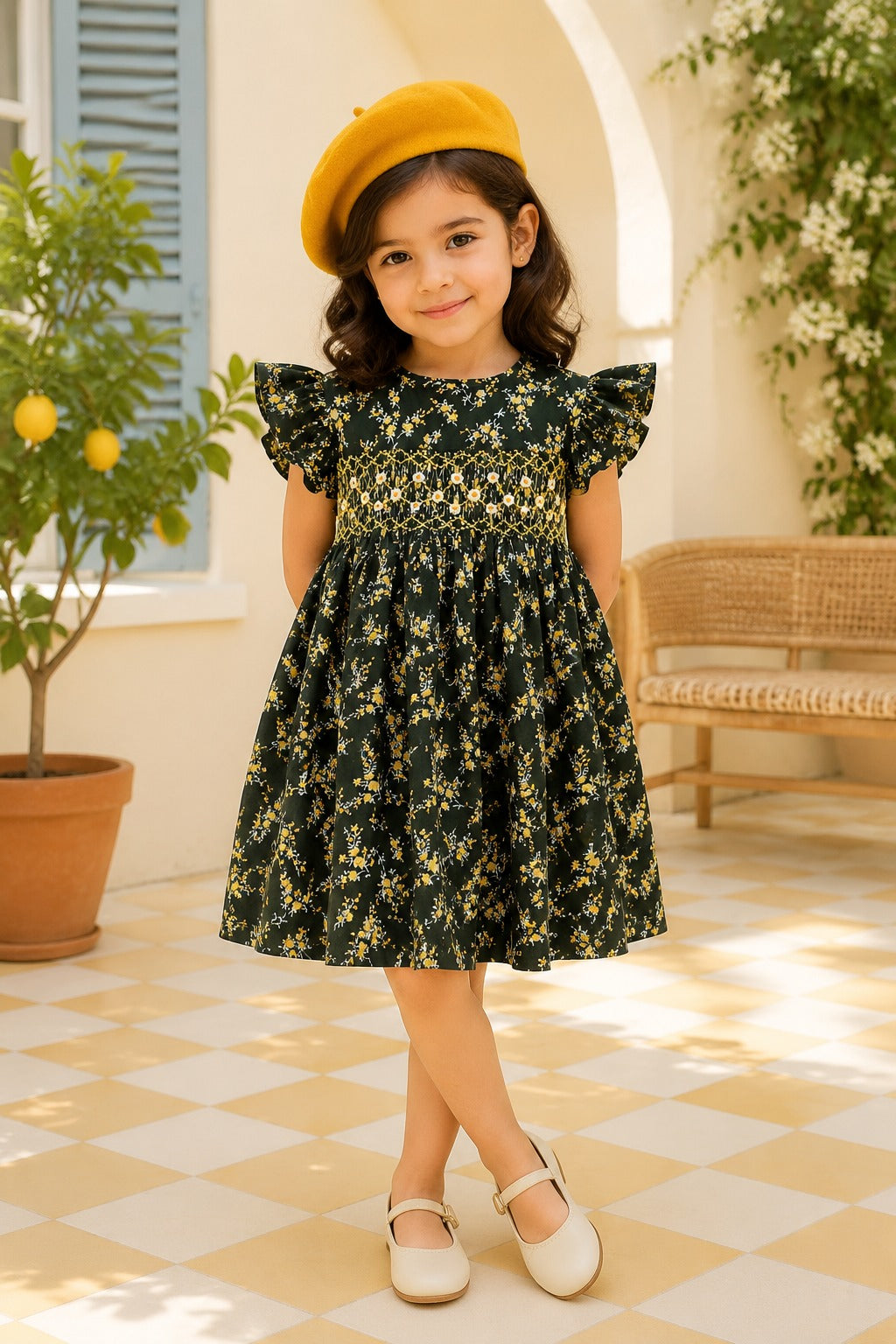 Girls Dark Green Floral Smocked Frock | SF-002