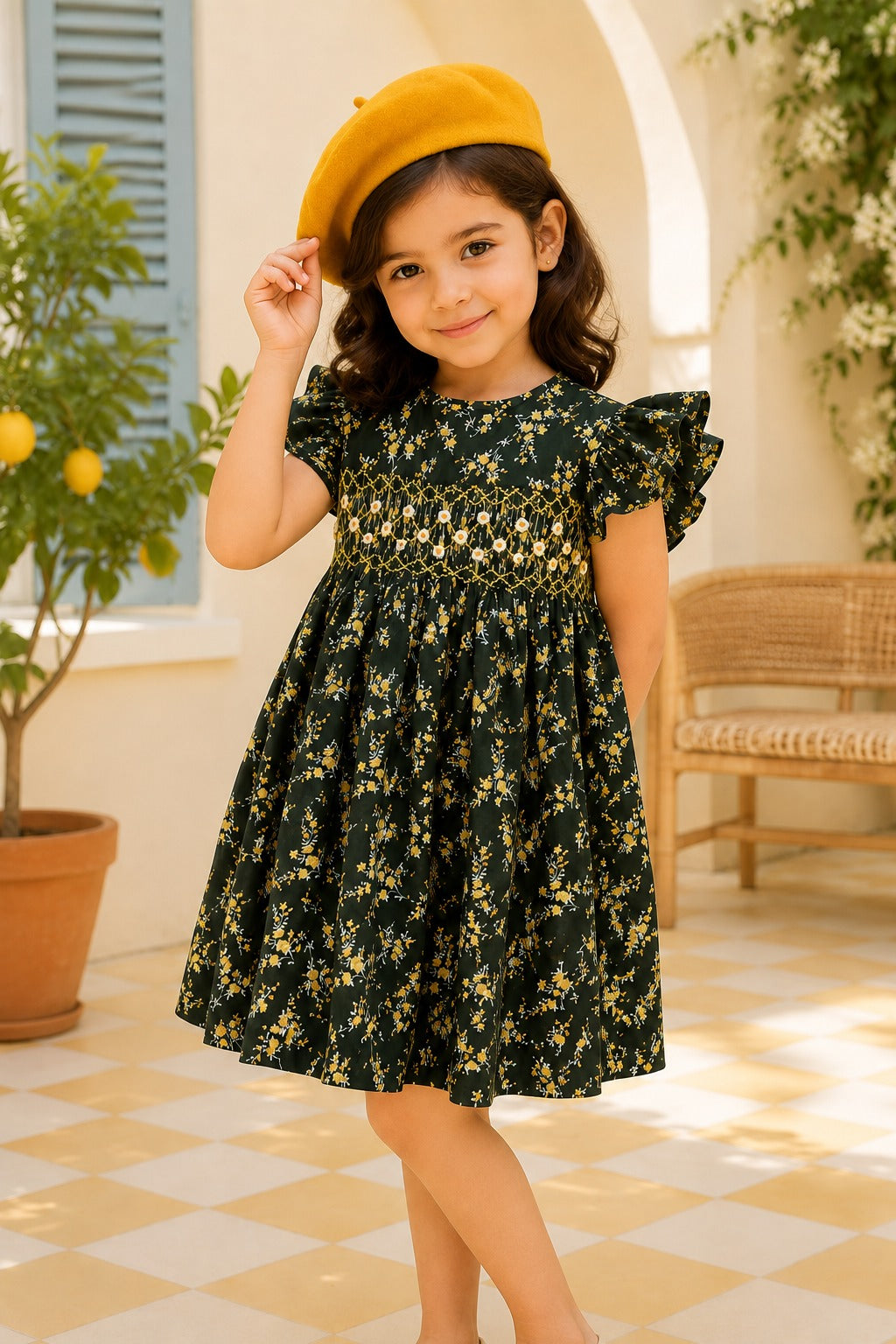 Girls Dark Green Floral Smocked Frock | SF-002