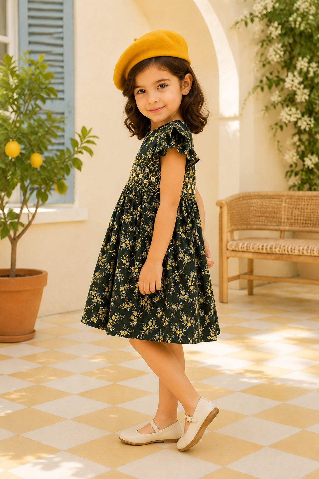 Girls Dark Green Floral Smocked Frock | SF-002