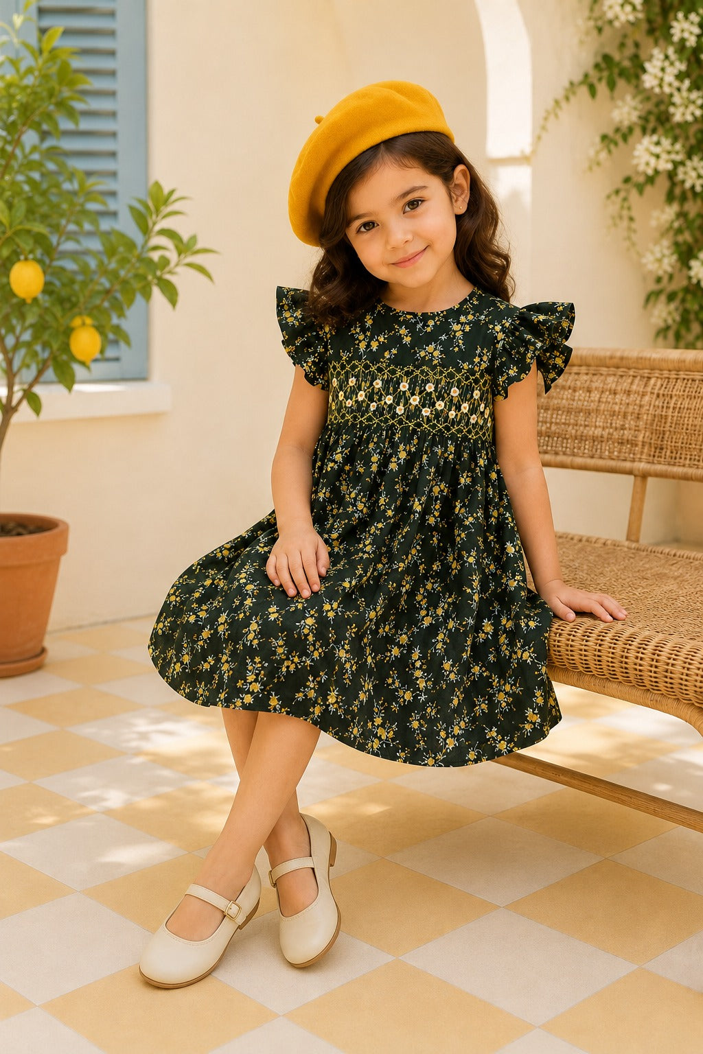 Girls Dark Green Floral Smocked Frock | SF-002