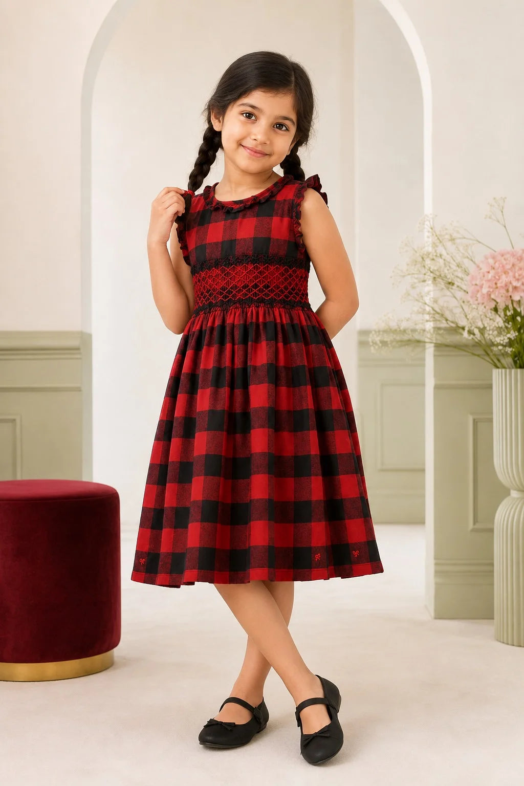Red & Black Check Smocked Winter Frock for Girls (SFW-001)