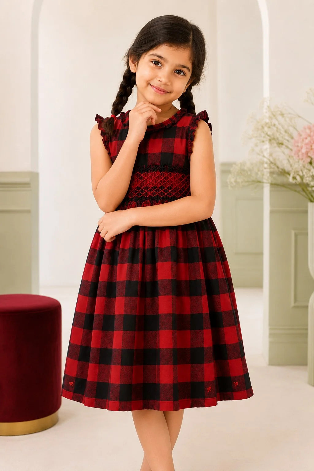 Red & Black Check Smocked Winter Frock for Girls (SFW-001)