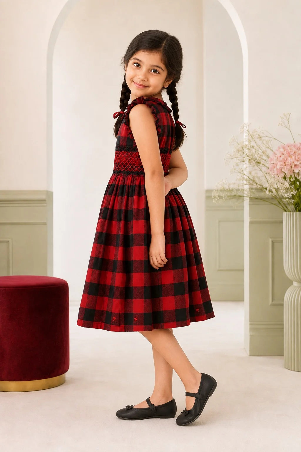 Red & Black Check Smocked Winter Frock for Girls (SFW-001)