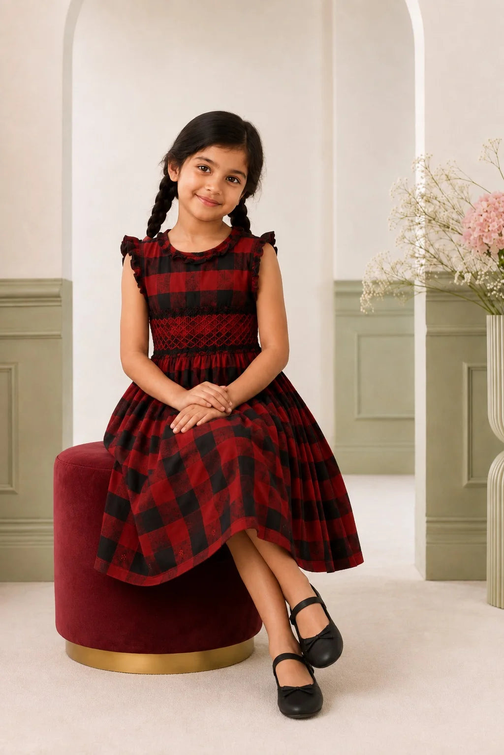 Red & Black Check Smocked Winter Frock for Girls (SFW-001)