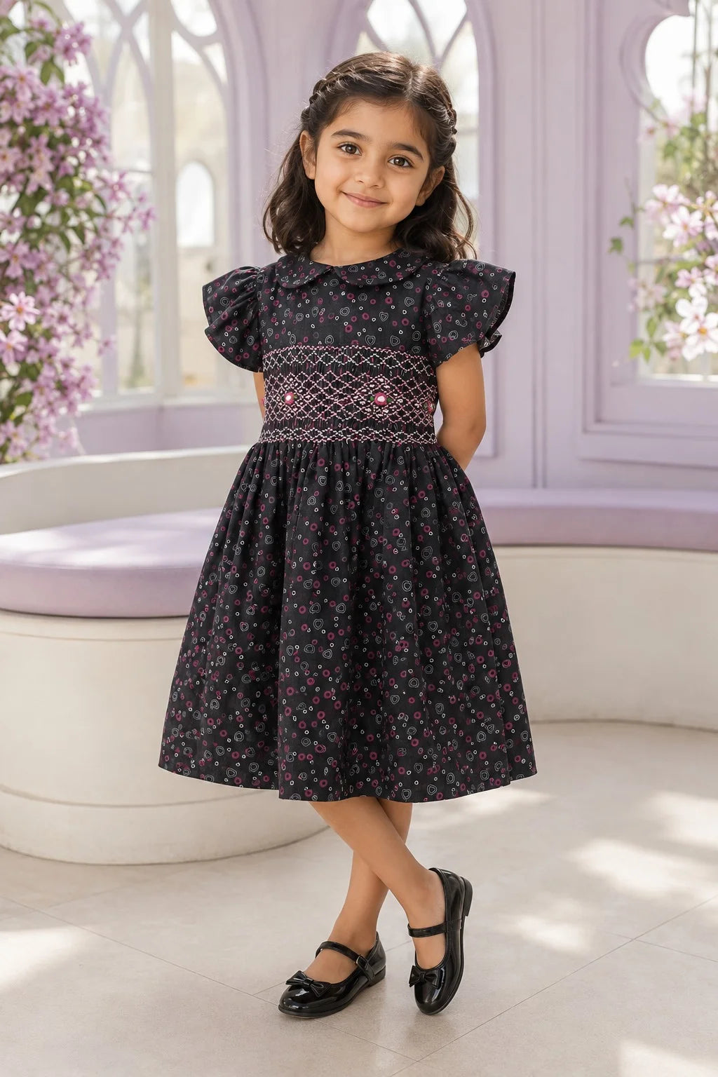 Black Printed Smocked Winter Frock for Girls (SFW-002)