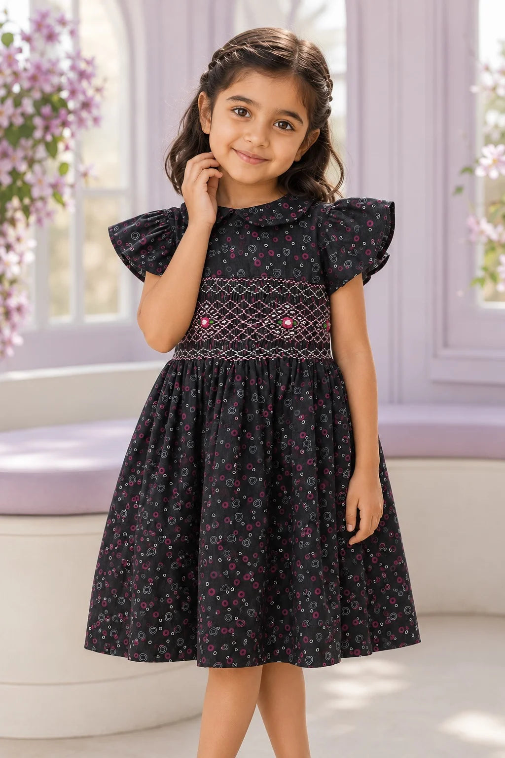 Black Printed Smocked Winter Frock for Girls (SFW-002)