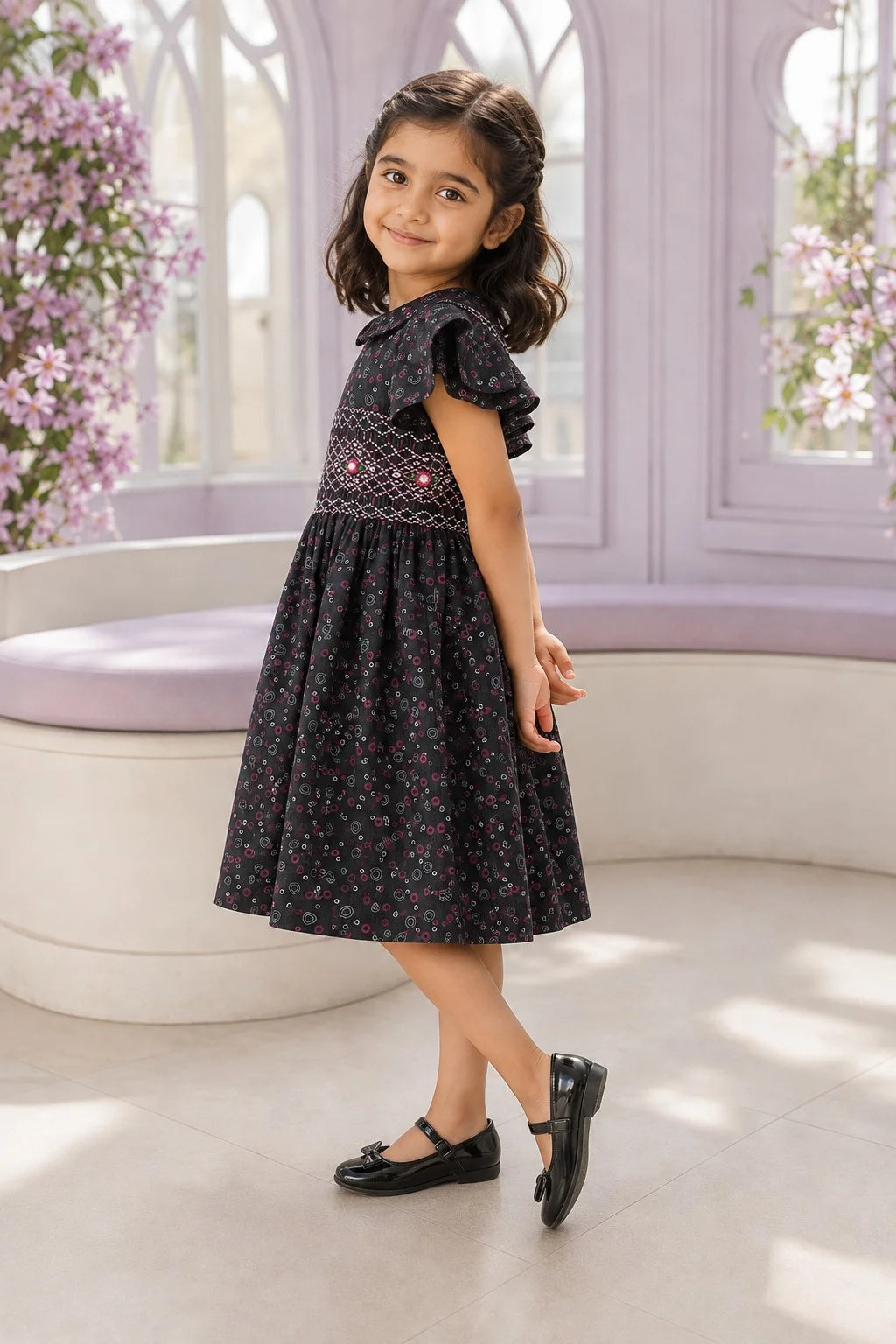 Black Printed Smocked Winter Frock for Girls (SFW-002)